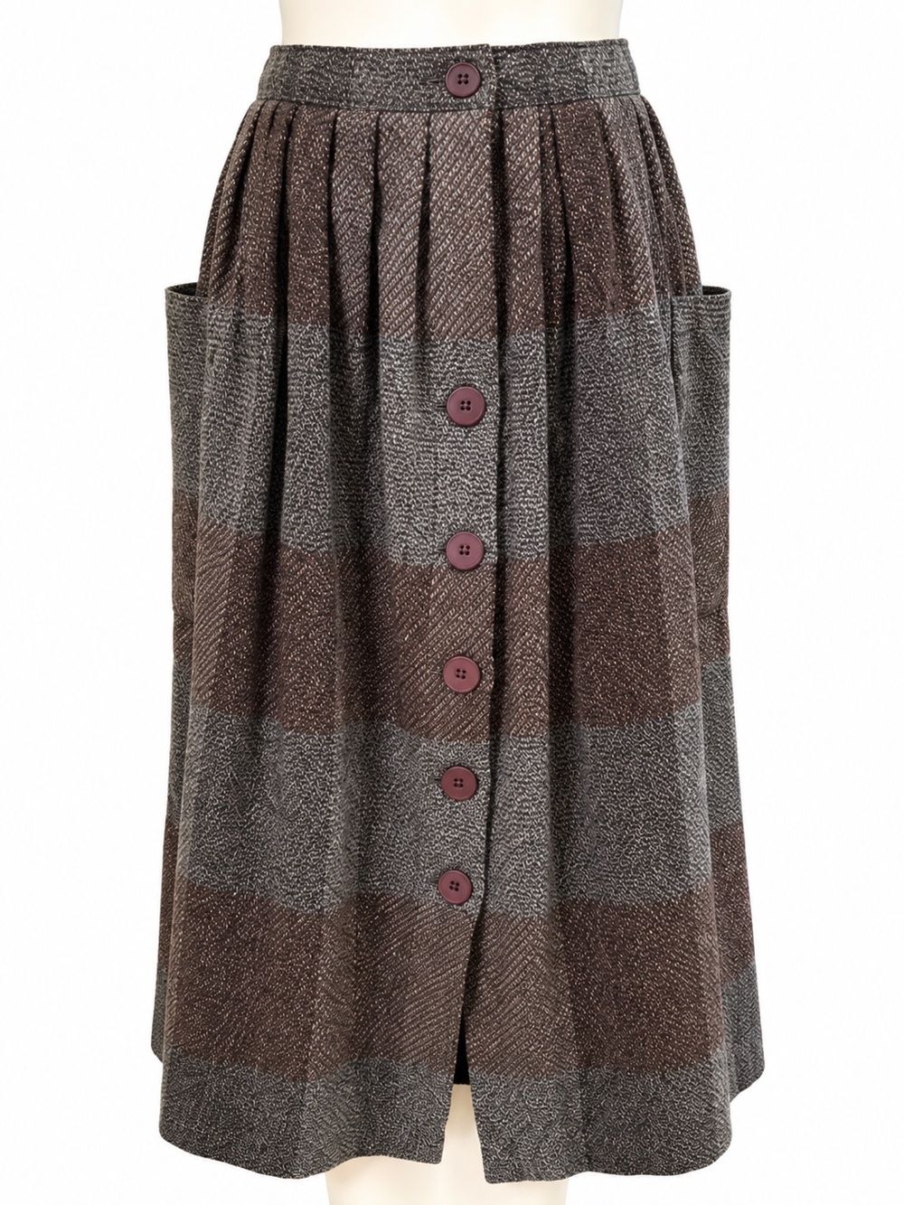 Vintage Pleated Tweed Midi Skirt Button Front Oversized Pockets